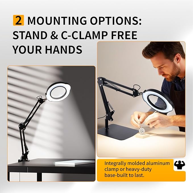 12X Magnifying Glass with Light and Stand,2-in-1 LED Desk Lamp & Clamp,5 Color Modes Brightness Stepless Dimmable,Magnifier with Light Hands Free,Reading,Hobby Close Work