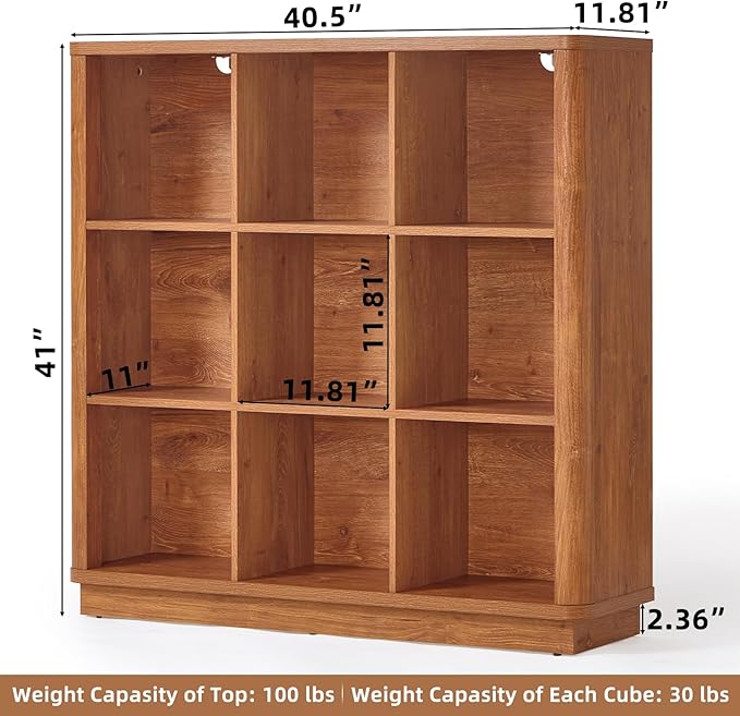 9 Cube Storage Book Shelf, 41" Tall Organizer Bookshelf with Curved Edge, Wood Floor Standing 3-Tier Cubby Bookcase with Base, Country Rustic Display Book Case for Library, Office, Brown