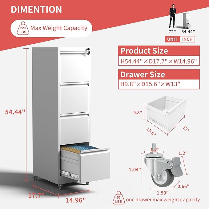 4 Drawer Locking File Cabinet with Wheels,White Metal Mobile Filing Cabinets,Vertical File Cabinet for Home Office,Heavy Duty Rolling Storage Cabinet for A4/Letter/Legal Size,Assembly Required