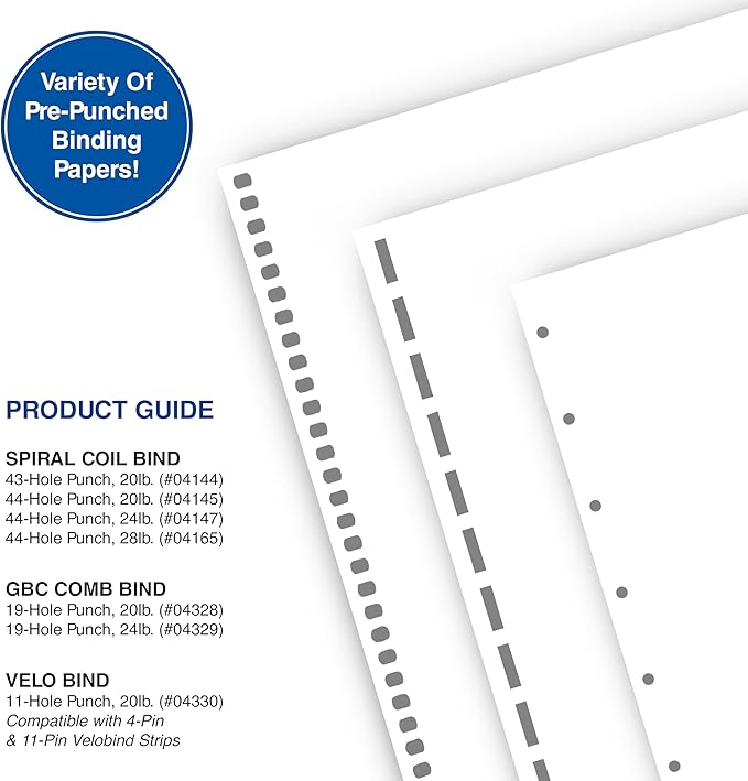 PrintWorks Professional Pre-Punched 11 Hole Velo Bind Paper for 11 Pin & 4 Pin Binding Spines - Book Binding Printer Paper - Made in the USA - 500 Sheets - 8.5" x 11" - 20 lb - 92 Bright White (04330)