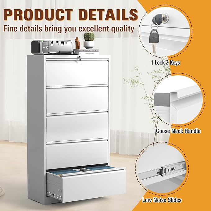 5-Drawer Lateral File Cabinet with Lock, Black Metal Filing Cabinet for Office or Home – Secure Storage for Letter/Legal/A4/F4 Documents, Easy to Assemble Locking File Organizer (White, 5 Drawer-64"H)