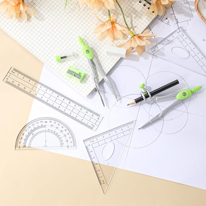 Zonon Math Geometry Set 10 Pcs Student Supplies with Shatterproof Storage Box, Includes Rulers Protractor Compass Pencil Sharpener Lead Refills Eraser Pencil for Drafting and Drawings(Green)
