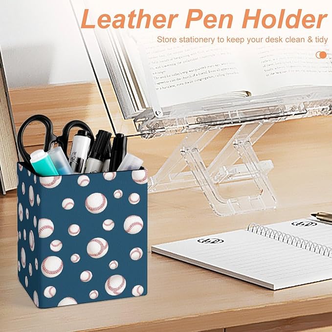 Square Pen Holder & Pencil Organizer for Desk - Office Storage Organizer, Markers/Makeup Brushes/Scissors Holder, Compact Desk Decor Accessories for Home Classroom School(Baseball)