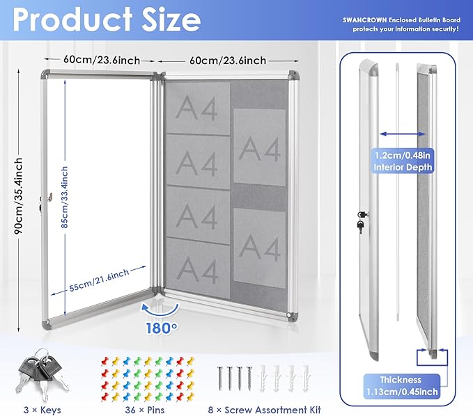 SWANCROWN Enclosed Bulletin Board 36x24 in, Tamperproof Lockable Grey Felt Board Wall Display Case for Office School Home, Aluminum Frame