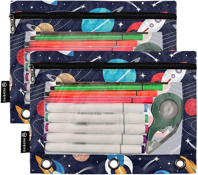 Space Cute Rockets Planets Pencil Pouch for 3 Ring Binder, 2 Pack Waterproof Pencil Bags Clear Window Zipper School Office Supplies