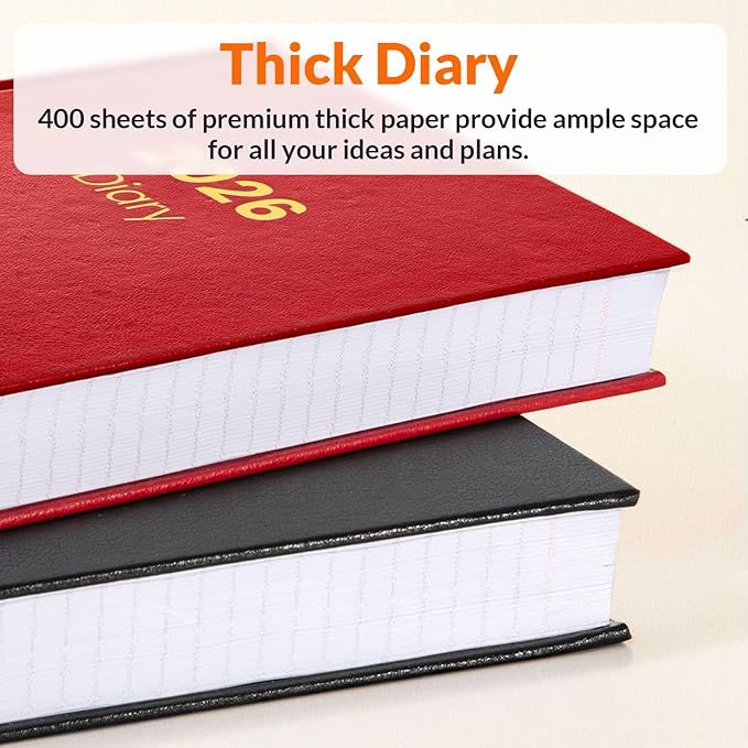 SUNEE 2026 Diary Journal Hardcover - Daily Planner Organizer for Work & School - Daily Page Layout with Holidays, Notes, Contacts - Agenda for Women & Men, Red