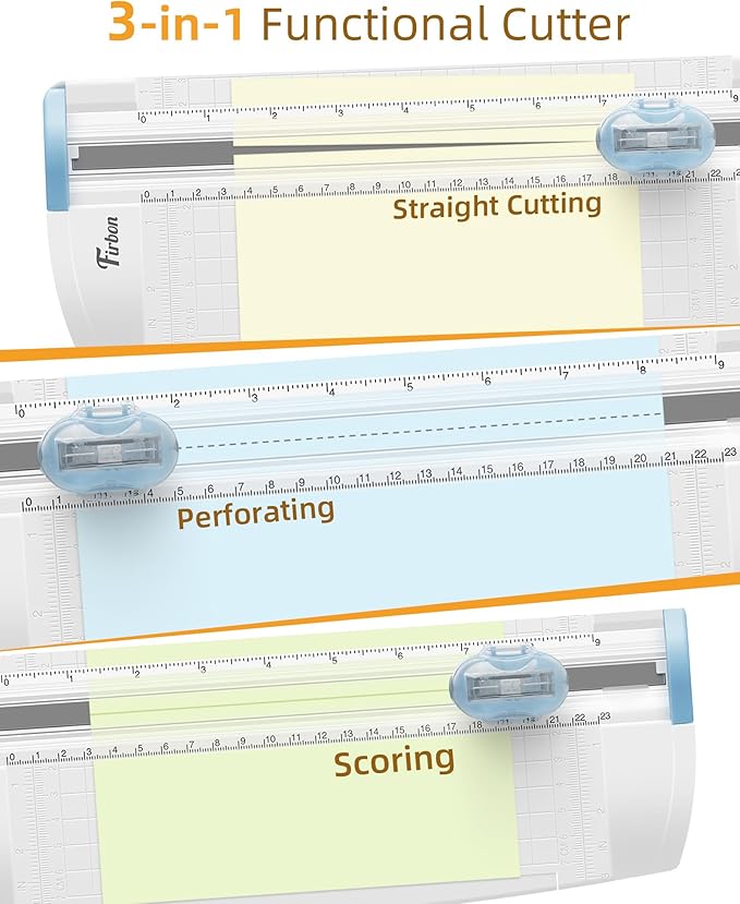Firbon 3-in-1 Paper Cutter, 9" Compact A5 Paper Trimmer with Straight Cut, Scoring & Perforating Blades for Cardstock, Scrapbooking, Crafting, Labels & Home Office (Blue)