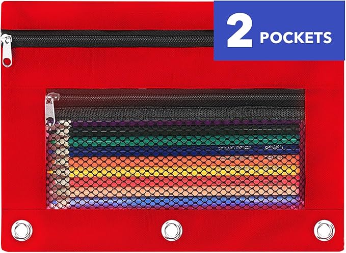 Pencil Pouch for 3 Ring Binder - 3 Hole Zipper Pen Case Bag Holder Bulk Accessories Clear Window Aesthetic Organizer Pockets (Red, 1)