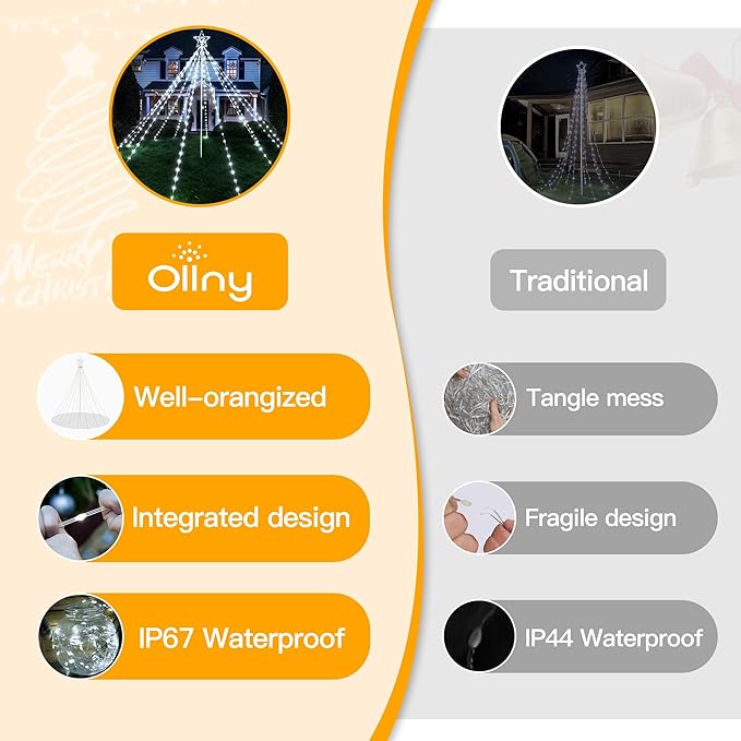 Ollny Christmas Lights Tree 340LED with Topper Star, IP67 Waterproof Remote Control Waterfall Lights with Pole, 16 Modes 3 Timers Dimmable Light Decorations for Outdoor Yard Garden Lawn(Cool White)