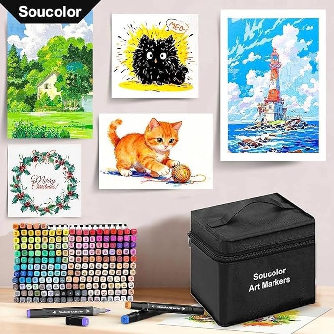 Soucolor Alcohol Markers 100 Colors with Case & Holders, Dual Tips Chisel & Fine Art Markers for Adult Coloring Kids Drawing, Artist Markers Art Supplies for Blending Sketching