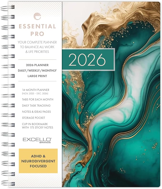 Essential PRO 2026 Daily, Weekly & Monthly Planner, 7"x9": 14 Months (Nov 2025 - Dec 2026) Monthly Tabs,Daily Tracking,Notes Pages,Storage Pocket,Bookmark w Sticky Notes (Teal Gold Marble)