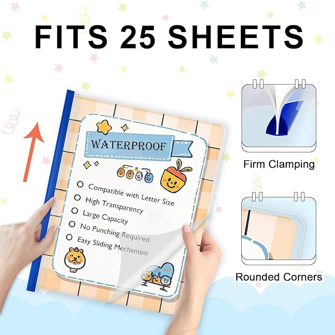 TOTiyea 12 Pack Clear Report Covers with Sliding Bars, 5mm (25 Sheet Capacity) Blue Sliding Bar File Folders, for Letter Size