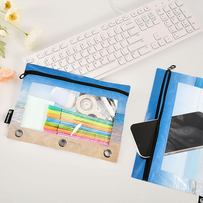 ALAZA Pencil Pouch for 3 Ring Binder, Beach and Tropical Ocean Binder Pencil Pouches with Clear Window Zipper Pencil Case Cosmetic Bags for Office College Supplies, 2PCS