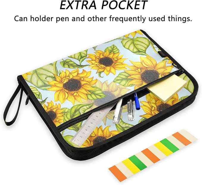 Expanding File Folder,13 Pocket Accordion File Folders with Sticky Labels, A4 Letter Size Paper Document Organizer with Zipper Closure for Office School,Hand Painted Sunflower