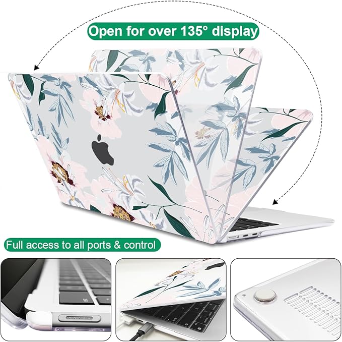 for New MacBook Air 13.6 inch Case 2025 M4 A3240 Cover, Printed Pattern Plastic Hard Shell Case Keyboard Skin for M2 M3 Mac Air 13.6 2024 2023 2022 A2681 A3113, Pink Peonies & Lilies