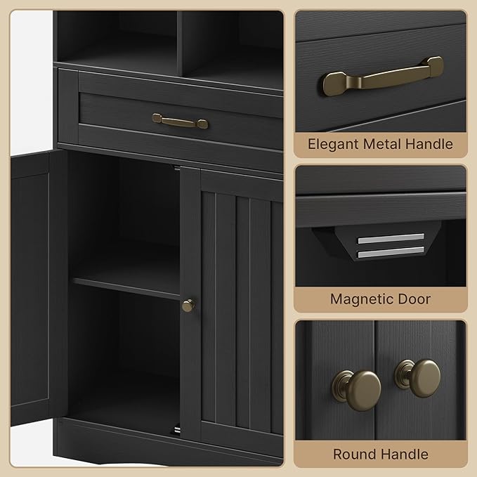 Gizoon 71'' Tall Storage Cabinet, Kitchen Pantry Cabinet with Doors & Drawers, Wooden Storage Organizer for Living Room, Office, Kitchen, with Adjustable Shelves, Anti-tip, Metal Handle, Black