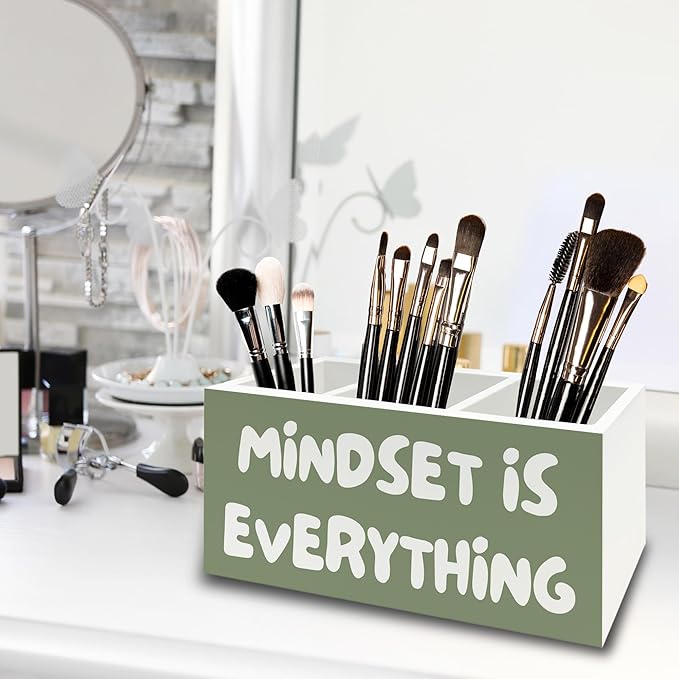 Green Inspirational Pen Pencil Holder Organizer for Desk, Inspirational Gifts for Women, Mindset Is Everything Motivational Wooden Box Sign for Home Office Desk Tabletop Decorations
