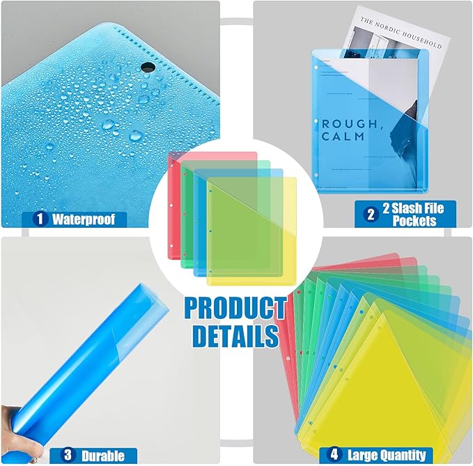 Seajan 48 Pcs Pocket Folders for 3 Ring Binder Clear Plastic Folders Sleeves with 2 Pockets 3 Hole Punch Binder Dividers Poly Slash File Jackets for Office School Document Organizer (Multicolored)