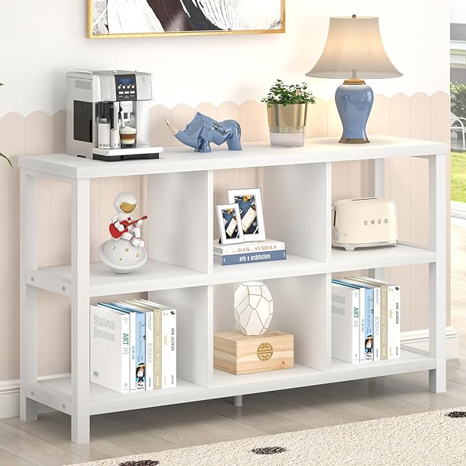 FOLUBAN Horizontal Bookshelf, 6 Cube Storage Organizer with Shelf, Modern Wood and Metal Cubby Bookcase for Bedroom Living Room, White Oak, 47 Inch