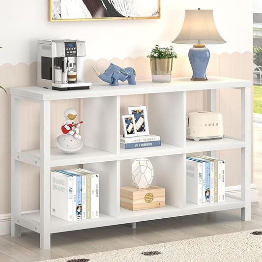 FOLUBAN Horizontal Bookshelf, 6 Cube Storage Organizer with Shelf, Modern Wood and Metal Cubby Bookcase for Bedroom Living Room, White Oak, 47 Inch