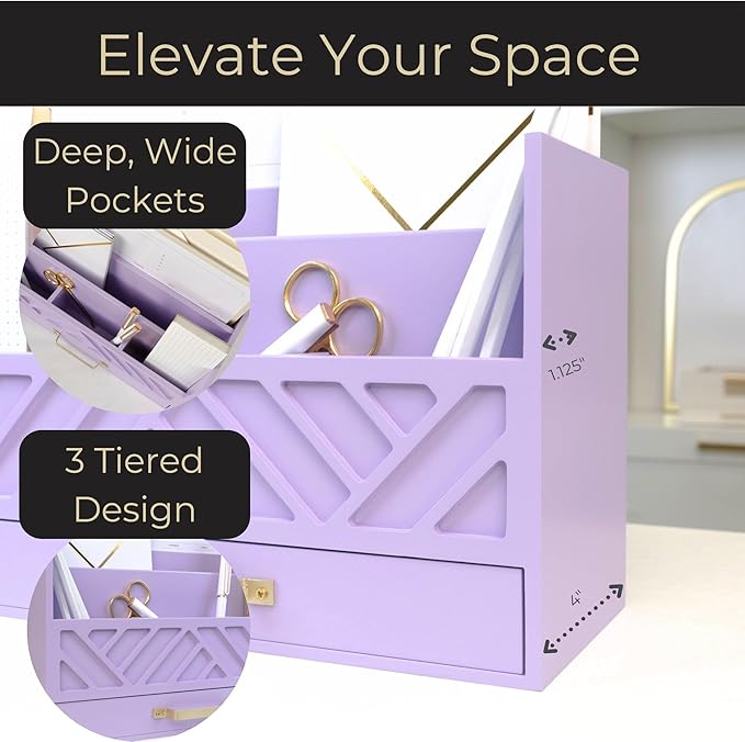 BLU MONACO Mail Organizer Countertop Kitchen - Purple Wood Desk Storage with Drawer - Mail Sorter or Bill Holder for Desk - Farmhouse Accessories & Mail Basket for Counter