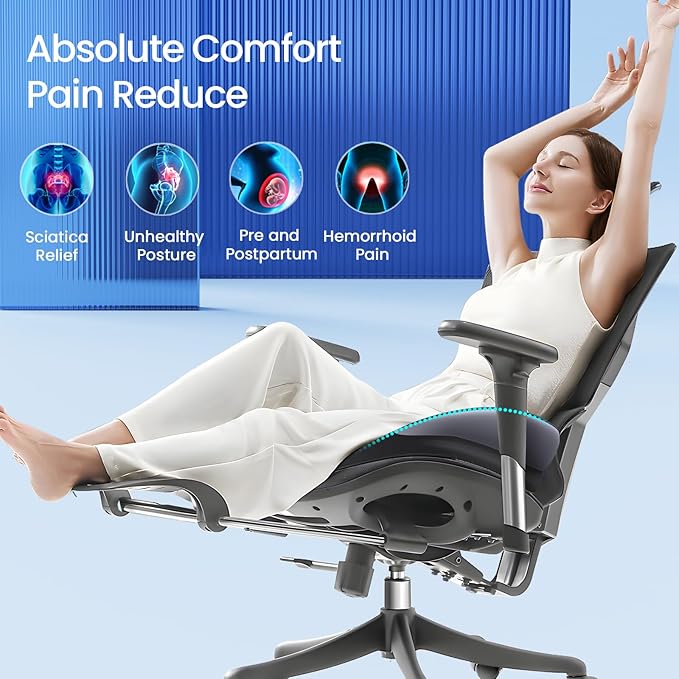 Benazcap Large Seat Cushion for Office Chair Memory Foam Coccyx Pain Relief Cushion Pillow for Back Support Non-Slip Seat Pad