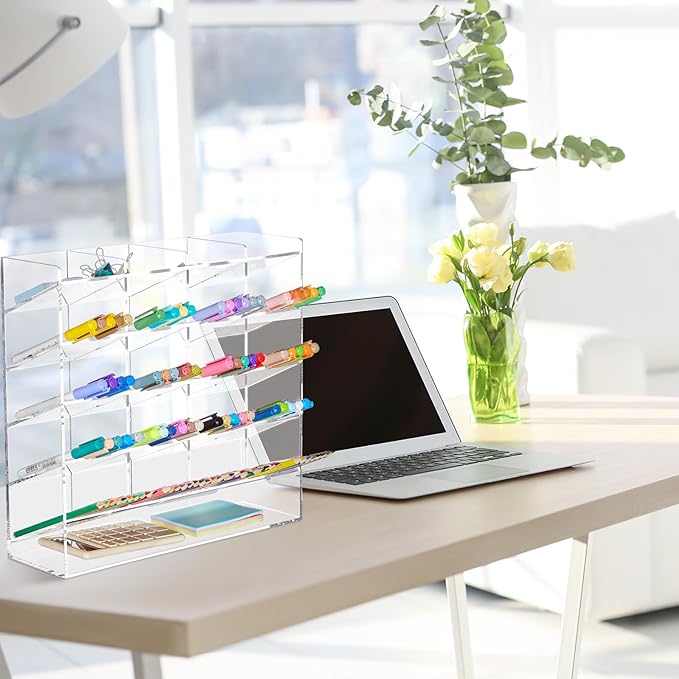Acrylic Pen Organizer Storage for 250 Markers Vertical Marker Organizer Acrylic Pen Display Holder for Office Desk Desktop Stationery Pencil Storage, Clear, 13 x 4 x 12.4 Inch