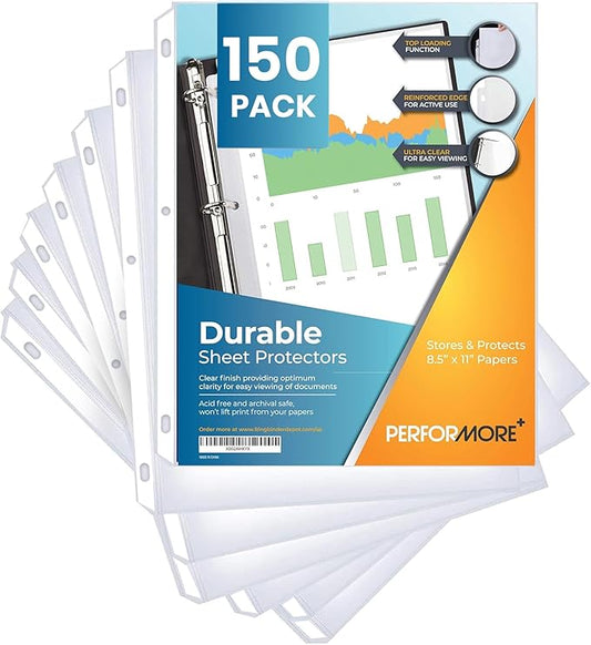 Performore 150 Sheet Protectors, 8.5 X 11 Inch Clear for 3 Ring Binder, Plastic Sheet Sleeves, Durable Top Loading Paper Protector with Reinforced Holes, Archival Safe