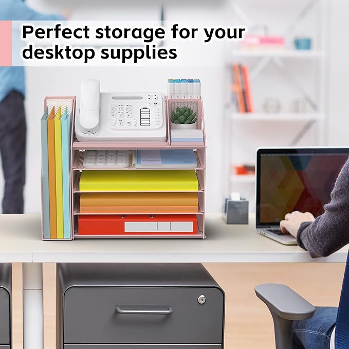 DocNest 5 Tier Paper Letter Tray File Organizer, Mesh Desk File with Handle, Workspace Desk Organizers with Pen Holder, Office Organization Storage Accessories - Purple