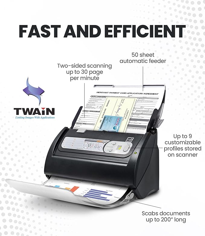 Plustek PS188 High Speed Double-Sided Color Document Scanner, with Automatic Document Feeder (ADF), 30 Pages Per Minute, Support Windows 7/8/10/11