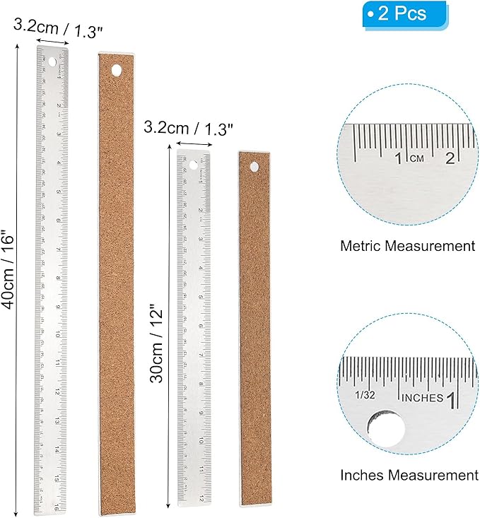PATIKIL 12, 16 Inch Stainless Steel Straight Edge Ruler, 2 Pcs Cork Backing Non-Slip Metal Ruler with Inches Centimeter Metric Measuring Tools for Office