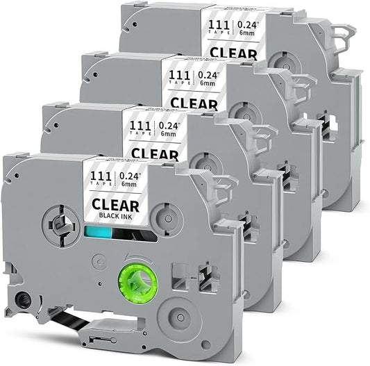 Tze111 6mm 0.23" Laminated Clear Tape Compatible for Brother 6mm Label Tape Tze-111 Tz-111 P Touch Tz Tze 6mm 1/4" Black on Clear Label for PTH110 PTD210 PT-D220 PTD400 PT-D610BT, 4-Pack