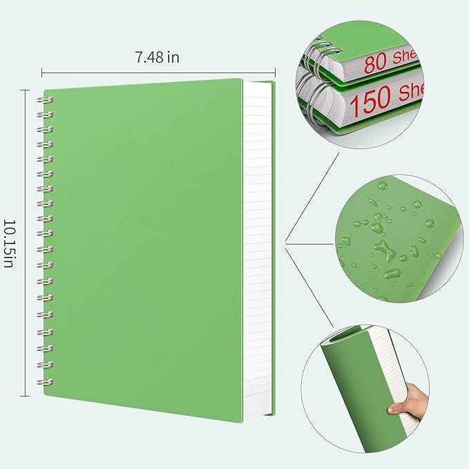 AHGXG Spiral Notebook College Ruled - Large Spiral Notebook Journal B5 7.48" × 10.15", 300 Pages, 100GSM Thick Paper, Plastic Hardcover, for Work Office School Writing Notes,Green