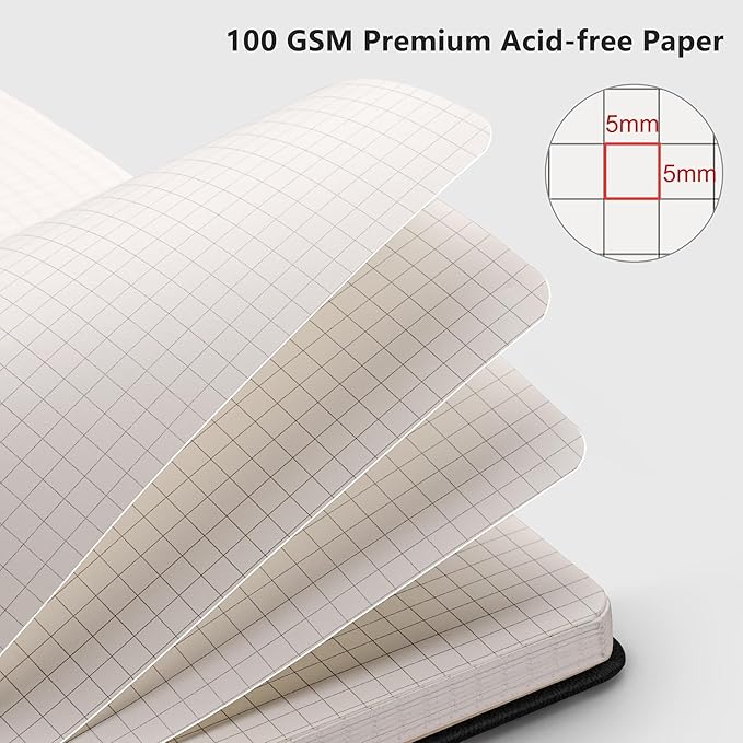 RETTACY Graph Grid Paper Notebook, 2-Pack, 192 Pages per Pack, A5 Medium Size (5.7'' x 8.3''), Leather Hardcover, 100 GSM Thick Paper, for School, Students, Math, Engineering (Black & Pink)