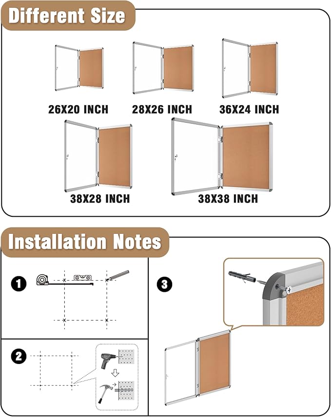 38"x28" Enclosed Bulletin Board, Lockable Weather-Resistant Aluminum Cork Noticeboard for School & Office, Silver Frame w/Cork