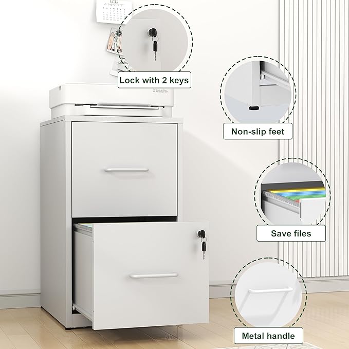 2 Drawer File Cabinet with Lock, Vertical File Cabinet with Lock, Locking File Cabinet Hanging Files for A4/ Legal/Letter,White