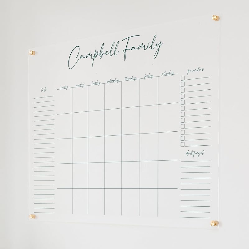 Personalized Clear Acrylic Calendar for Wall, Calendar Whiteboard for Wall, Dry Erase Wall Calendar, Wall Calendar Organizer System for Home (Cursive, Jade, 47.5"W x 36"H)