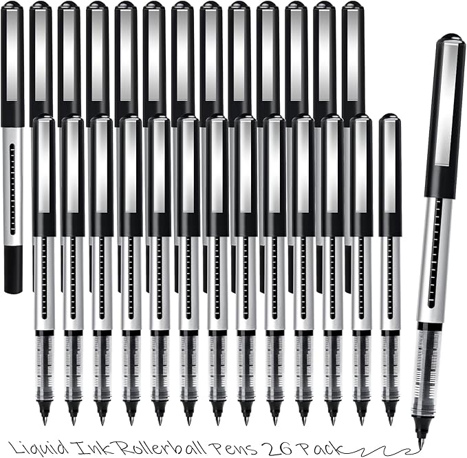 Rollerball Pens Fine Point Pens, 26 Pack Black Liquid Ink Rollerball Pens, 0.5mm Roller Ball Pens, Smooth Writing for Journaling School Office