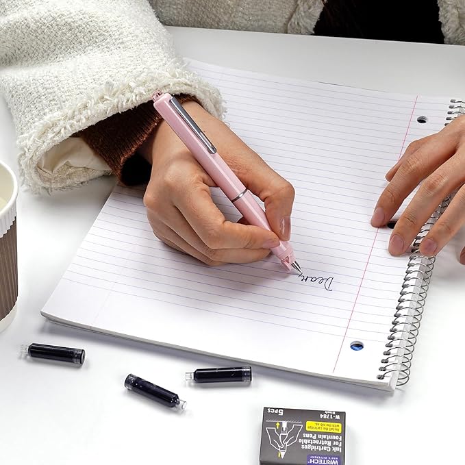 WRITECH Retractable Fountain Pen Set: Black Ink Fine Nib, 5 Refillable Ink Cartridges Included, No Leaking Smooth Writing for Calligraphy Journaling Gift (Pink)