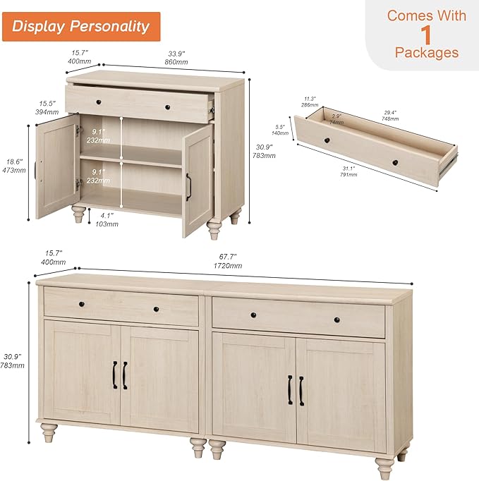 WAMPAT 5 Tier Bookshelf 72" Tall Bookcase with Barn Doors, Large Farmhouse Display Book Shelf with 2 Drawers and Storage Cabinet, Library Wood Bookshelves for Living Room,Kitchen, Light Oak(2PCS)