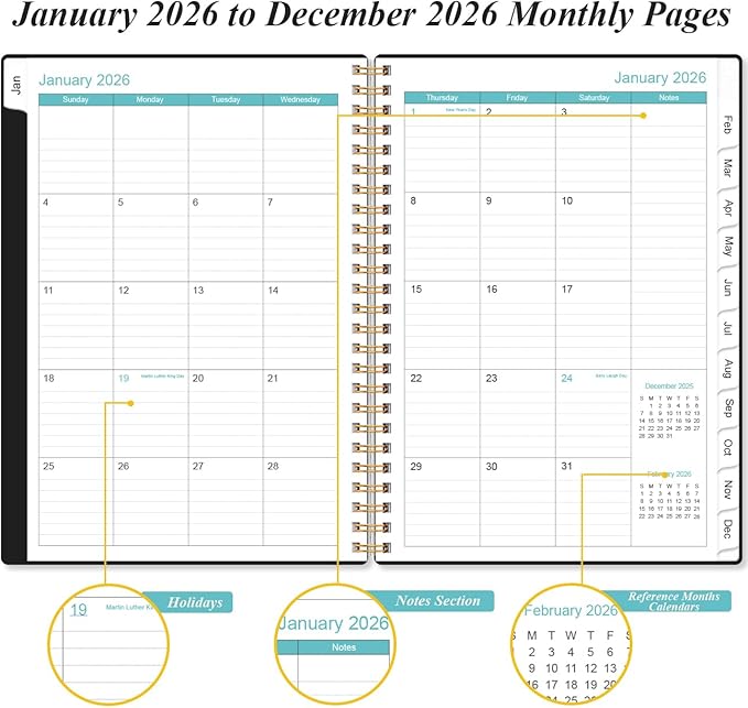 2026 Planner - Weekly and Monthly Calendar Planner from Jan 2026 - Dec 2026, Planner 2026 Spiral Bound with 12 Monthly Tabs, Inner Pocket, Perfect for School Office Supplies, 6.4" x 8.5", Black