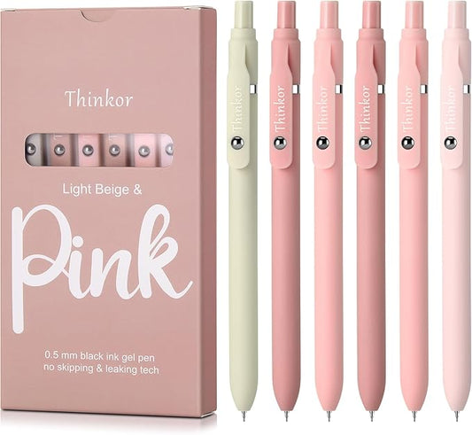 thinkor Gel Pens, 6 Pcs 0.5mm Quick Dry Black Ink Pens Fine Point Smooth Writing Pens, Cute Office School Supplies Gifts for Women (6 Pcs Pink -Black Ink)
