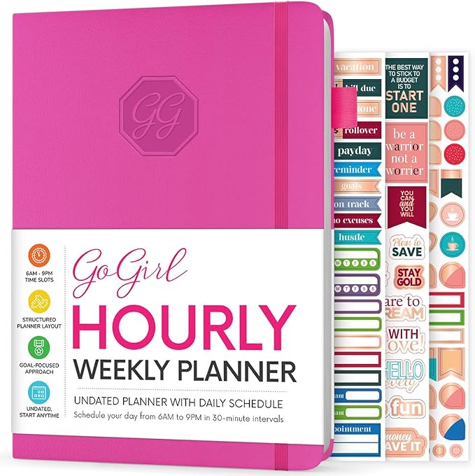 GoGirl Weekly Schedule Planner – Hourly Work & Life Planner with Time Slots – Vertical Agenda Organizer for Daily Productivity, A5 (Hot Pink)
