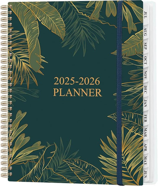 Planner 2025-2026 - Weekly & Monthly Planner from July 2025 to June 2026, Agenda 2025 2026 with Inner Pocket, Elastic Band, 8.5" x 11", Green Gold Leaf