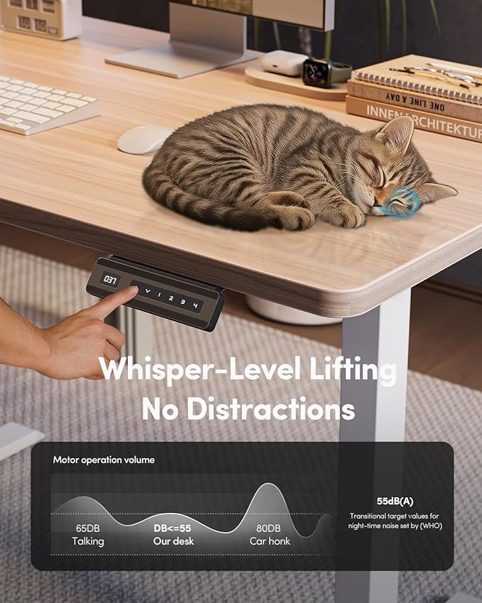 FEZIBO One-Piece Standing Desk Adjustable Height Stand up Home Office Desk, 55x24 Inch Electric Standing Computer Desk, with 4 Memory Presets, Fixable casters, Light Walnut