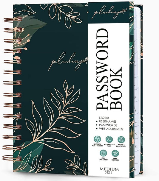 PLANBERRY Password Book Premium – Alphabetized Internet Address Organizer with A-Z Tabs – Website & Computer Password Keeper with Alphabetical Tabs – 6.2x7.7″, Hardcover (Green Pastures)