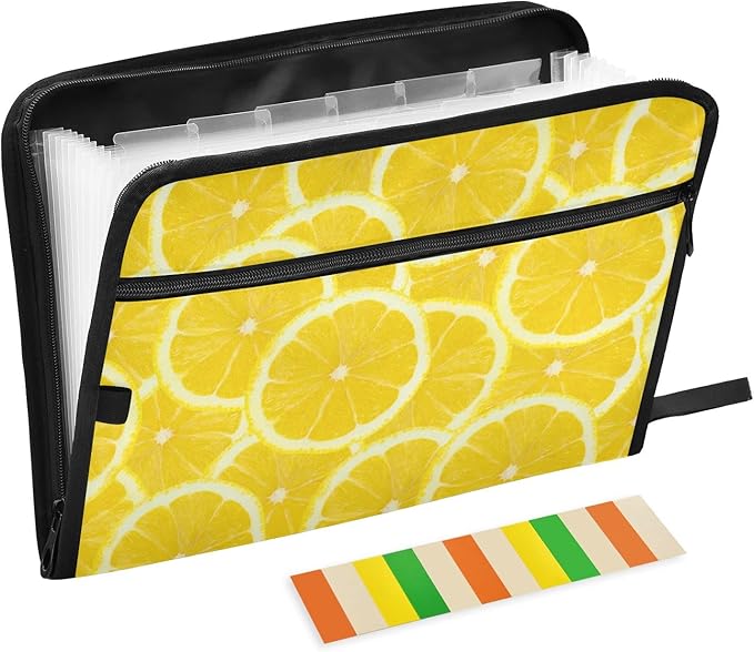 Expanding File Folder - 13 Pocket Accordion File Folders with Sticky Labels, A4 Letter Size Paper Document Organizer with Zipper Closure for Office School Boys Girls,Lemon