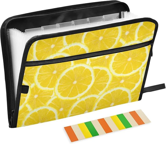 Expanding File Folder - 13 Pocket Accordion File Folders with Sticky Labels, A4 Letter Size Paper Document Organizer with Zipper Closure for Office School Boys Girls,Lemon