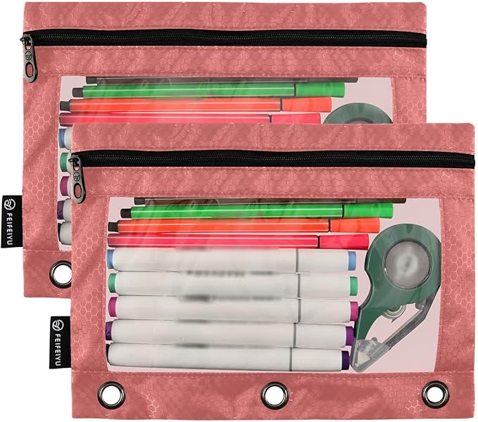 Gredecor Binder Pencil Pouch 3 Ring Indian Red Zipper Pencil Pouches Case 2 Pack Clear Binder Organizer for School Office