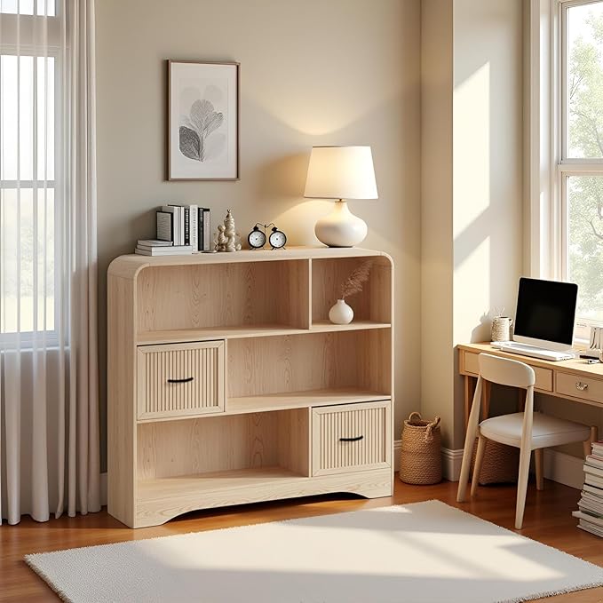 6 Cube Storage Organizer, 48" Wide Cube Storage Organizer w/Adjustable 2 Bins Storage, Modern Wooden Bookshelves and Bookcase w/Drawers, Large Bookshelf w/Open Display Shelves for Living Room, Oak